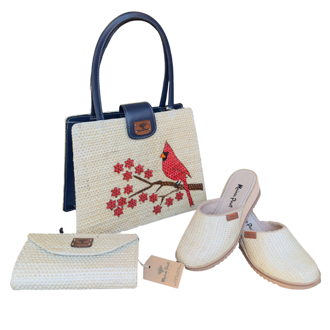 Conjunto Bolso Cardenal flores rojas + Zapatos Cristy+ Cartera Naty