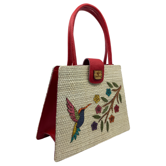 Bolso Giovanna  colibri flores de colores forro en piel rojo