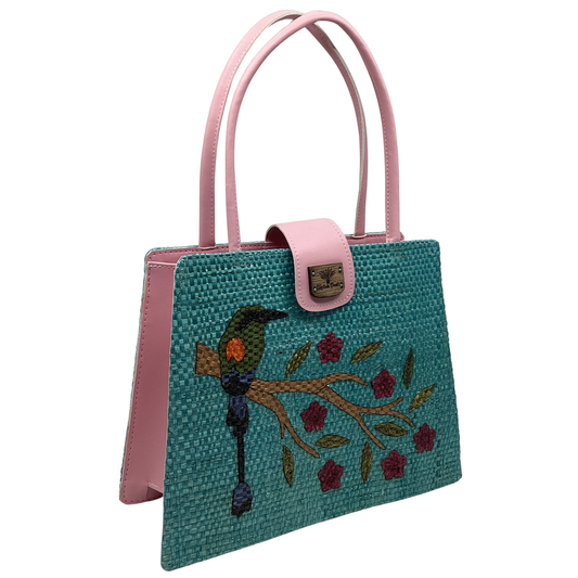 Giovanna Toh turquesa flor fuxia forro rosa