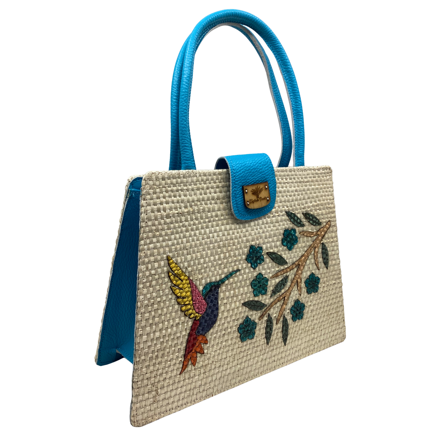 Bolso Giovanna colibrí  flores turquesa forro piel turquesa