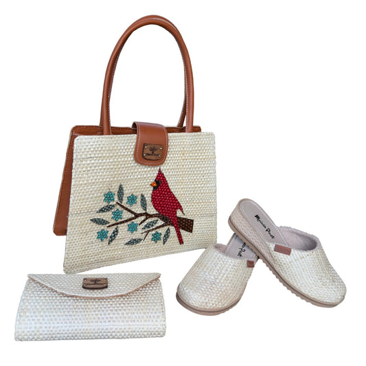 Conjunto Bolso Cardenal Flores Azules  + Zapatos  Cristy+ Cartera Naty
