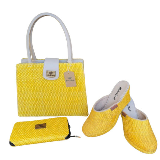 Conjunto Bolso Giovanna + Zuecos Regina+ Cartera Cobá  Color Amarillo